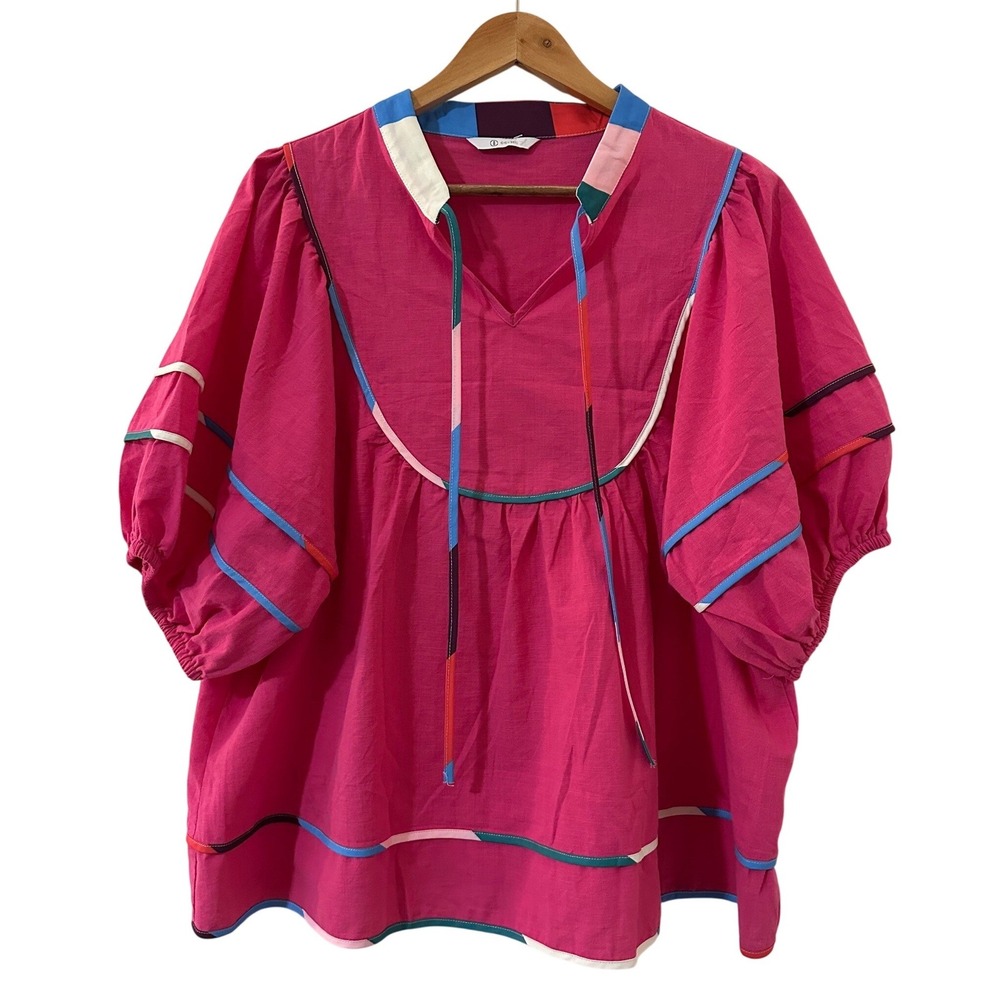 Womans Artsy Pink Cotton Puff Sleeve Top XL Rainbow Cottagecore‎ Boho Feminine